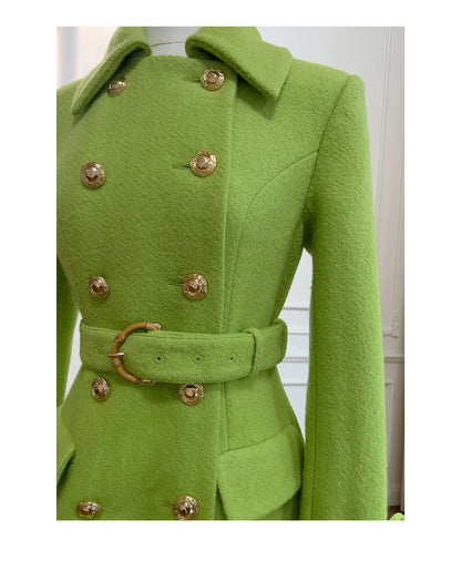 IEQJ Fashion Autumn Winter Green Woolen Coat Women Turn Down Collar Long Sleeves Double Breasted Sashes Slim Blends Coats New