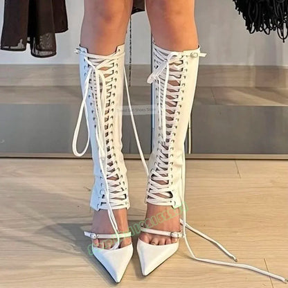 Cross Tied Sandals Boots Pointy Toe Hollow Buckles Straps Knee High Boots Summer Women Sexy Shoes Lace Up Stiletto Heels Design