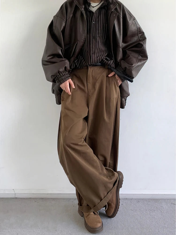Y2k Vintage Brown Baggy Cargo Pants Men Koraen Harajuku Suit Pants Office Casual Trousers Male Wide leg Work New