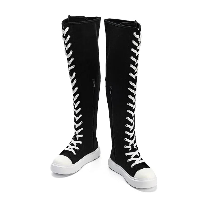 Plus Size Women's Canvas Boots Spring Autumn High Top Side Zipper Simple Long Tube over Knee Shoes Flat Heel Adult Footwear