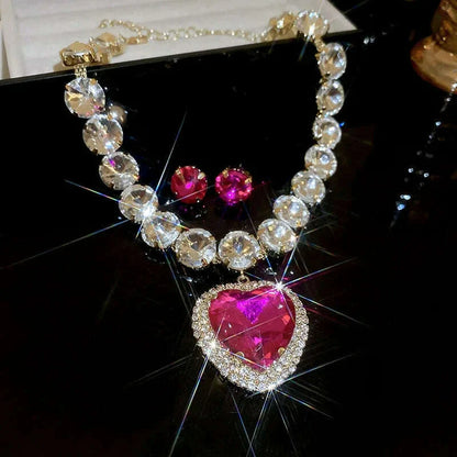 2 Pcs Rhinestone Heart Pendant Necklace Set Exaggerated Geometric Earring Light Luxury Temperament Fashion Women's Jewelry Sets