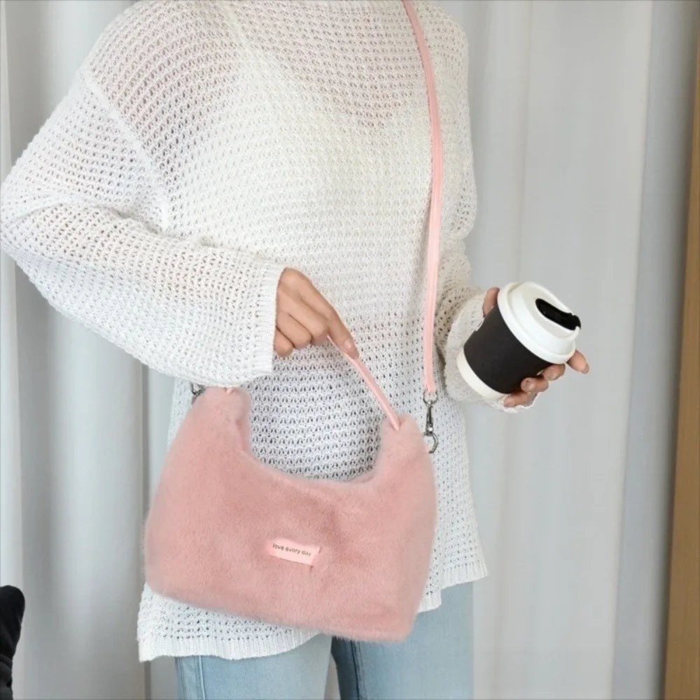 Luxury Faux Fur Ladies Shoulder Bag Soft Fluffy Female Crossbody Bag Solid Color Large Capacity Plush Tote Bag