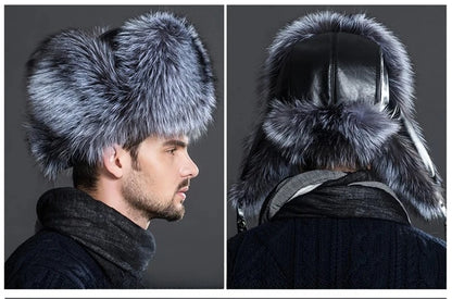 New Winter Men's 100% Real Silver Fox Fur Bomber Hat Raccoon Fur Ushanka Cap Trapper Russian Man Ski Hats Caps Real Leather Top