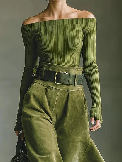 Women's 2PCS Patchwork Outfit Long Sleeve Slash Neck Top with Maxi Skirts Autumn Winter Fashion Elegant Streetwear for Holiday