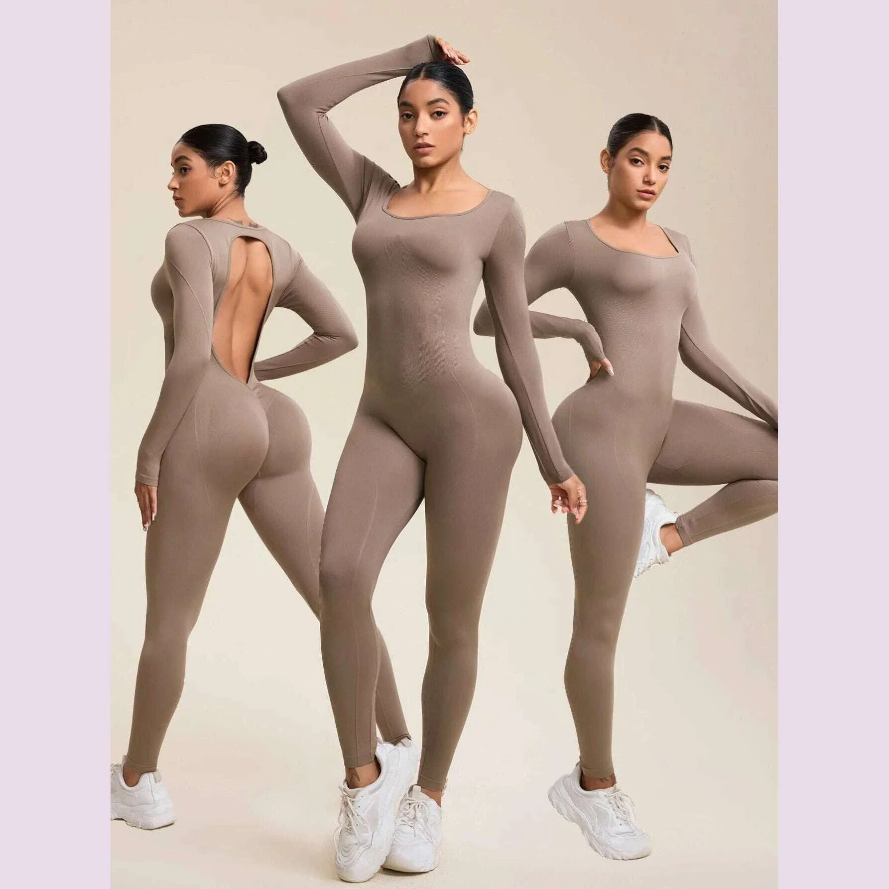Women Jumpsuits Long Sleeve Sexy Backless Bodycon Rompers Scrunch Butt V Back Playsuit Workout Bodysuit