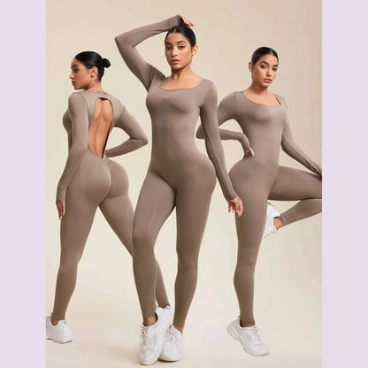 Women Jumpsuits Long Sleeve Sexy Backless Bodycon Rompers Scrunch Butt V Back Playsuit Workout Bodysuit