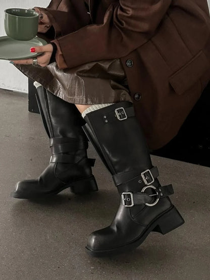 Women's Boots Half High Square Toe Footwear Brown Biker Shoes For Woman Mid Calf Middle Heel Comfortable And Low Price Pu Goth
