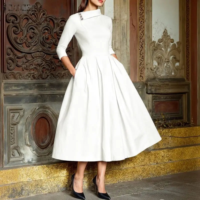 Women Vestidos ZANZEA Elegant Long Dresses 2026 Summer Spring Casual A-Line Fashion Buttons Lapel Solid Color Midi...