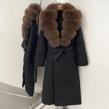 OFTBUY Long Puffer coat Real Fox Fur White Duck Down Coat New Winter Women Collar Fluffy  Jacket Female Thick Warm Reality Fur
