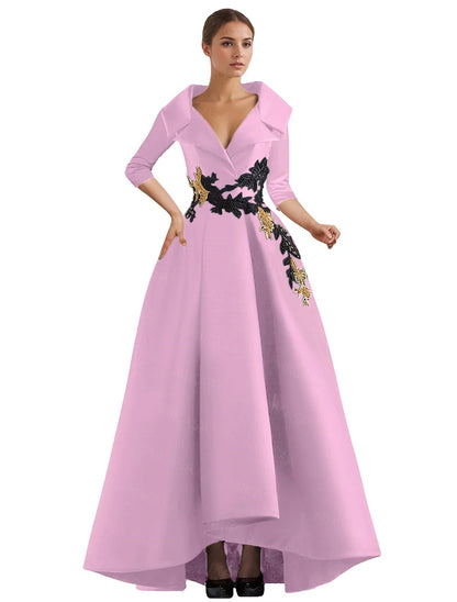 Elegant Vintage Evening Dresses Women V-neck Three Quarter Sleeves A-line Party Gowns With Appliques & Pockets Irregular Ruffles