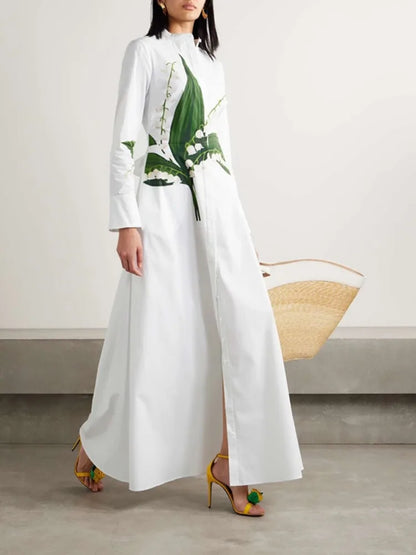 Women's Elegant Floral Printed Formal Office Shirts Dress Long Sleeves Buttoned Stand Collar Party Evening A-line Maxi Dresses - Kimlud