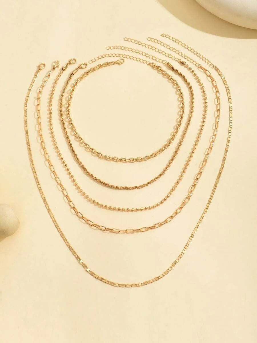 5pcs/Set Simple Braided Bead Chain Necklaces, Gold Tone, Layered Pendant Necklace Set For Women Daily And Party Wear