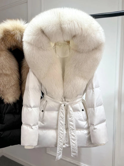 2025 New Natural Thick Warm 90% White Goose Down Coat Long Winter Jacket Women Real Big Fox Fur Collar Belt Loose Puffer Parka