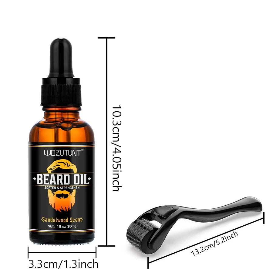 Natural Shea Beard Conditioning Oil Soften Strengthen Beard Sandalwood Scent 30ml and Gently Roller For Men Facial Hair Massage