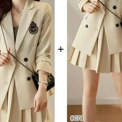 Korean Preppy Suit Women Fashion Embroidered Badge Double Breasted Jacket+High Waisted Pleated Mini Skirt Elegant Party Set 131F