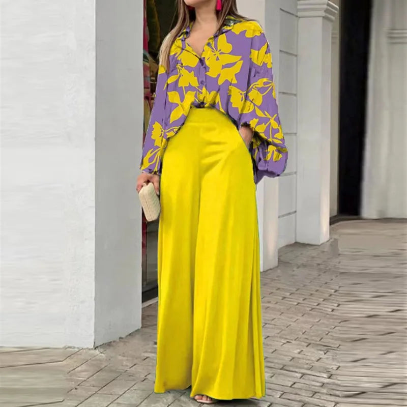 Fashion Print Set Women Casual Long Sleeve Button Shirt+Pockets High Waist Wide Leg Pants Office 2 Piece Sets Lady Spring Summer