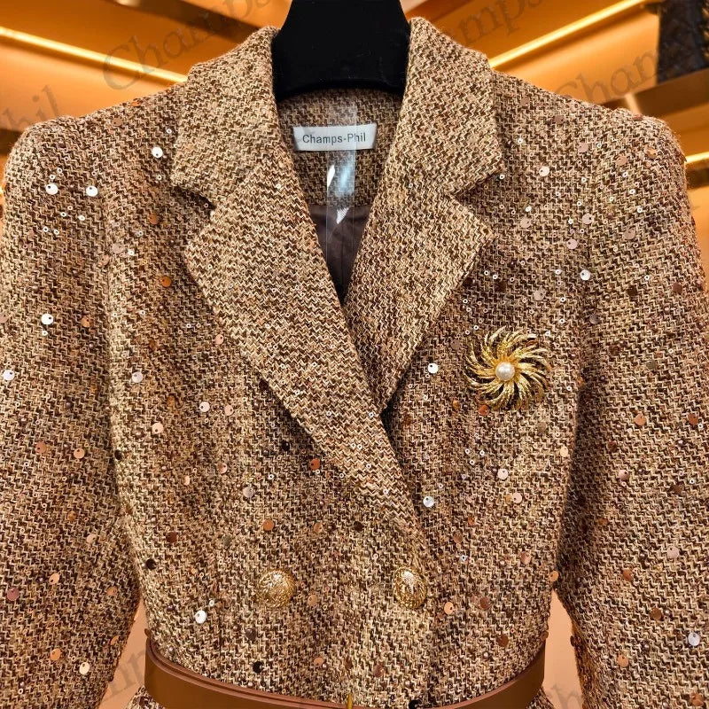 Shiny Sequins Refinement Original Light Luxury Designer Elegant Temperament Slim Fashion Waist Dress Temperament Commuting Coat