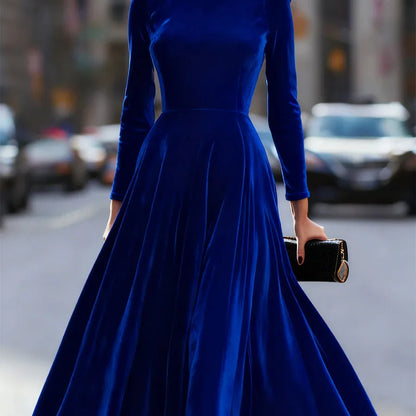 Velvet Long Sleeve round Neck Dress Elegant Artistic Retro Chinese Style Midi Skirt Casual Comfortable Polyester Fabric - Kimlud