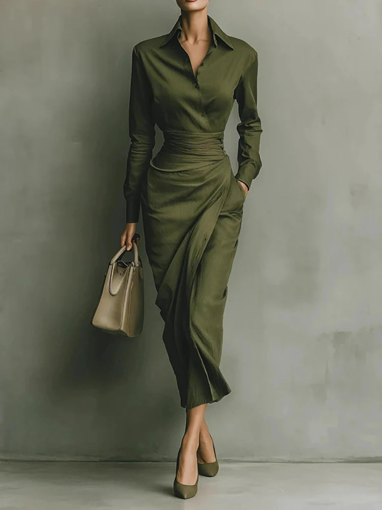 Elegant Asymmetrical Lapel Women's Midi Dress Green Ruched Long Sleeve Slim Pocket Temperament Fall British Office Lady Dresses