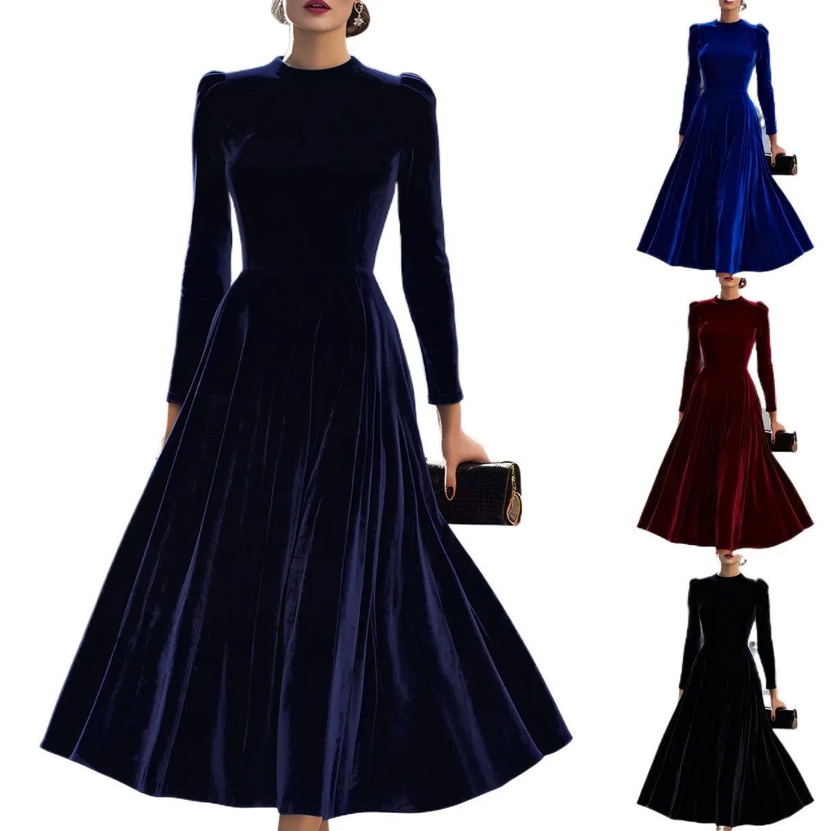 Velvet Long Sleeve round Neck Dress Elegant Artistic Retro Chinese Style Midi Skirt Casual Comfortable Polyester Fabric - Kimlud