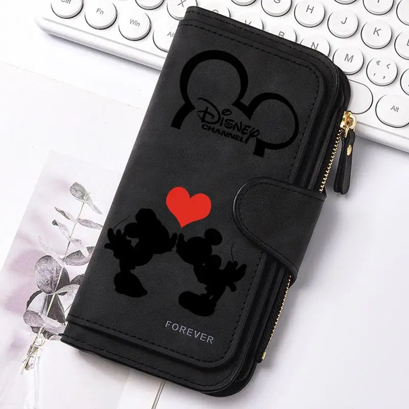  Mickey Minnie Lady Long Zip Wallet Buckle Tote Bag Coin Purse Soft PU Leather Multi-functional Card Holder Casual Daily