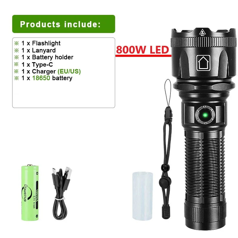 Newest 10000LM Ultra Powerful Rechargeable Flashlight 8000W Torch High Power LED Flashlights 3500M Long Range Tactical Lantern