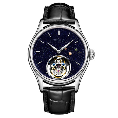 Super AESOP Flying Tourbillon Watch for Men Milky Way Star Sapphire Dial Luxury Steel Band Male Mechanical WristWatches 1963