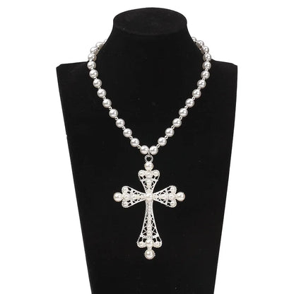 Exquisite and exaggerated punk necklace with a cross inspired pearl pendant, suitable for women's wedding parties