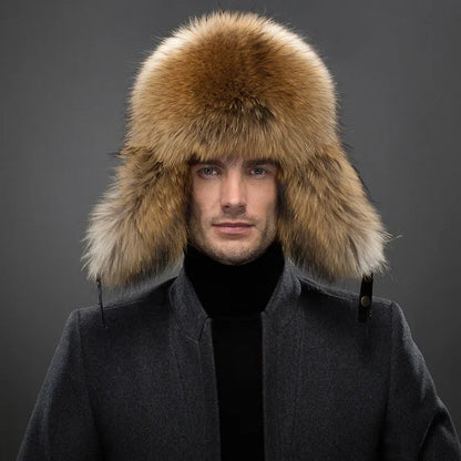 New Winter Men's 100% Real Silver Fox Fur Bomber Hat Raccoon Fur Ushanka Cap Trapper Russian Man Ski Hats Caps Real Leather Top