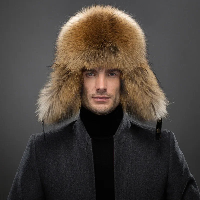 New Winter Men's 100% Real Silver Fox Fur Bomber Hat Raccoon Fur Ushanka Cap Trapper Russian Man Ski Hats Caps Real Leather Top