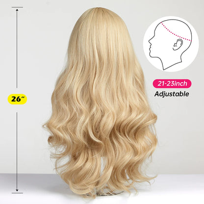 EASIHAIR Sandy Blonde Golden Wavy Synthetic Wigs with Long Bangs Cosplay Lolita Party Hair Wigs for Women Natural Heat Resistant