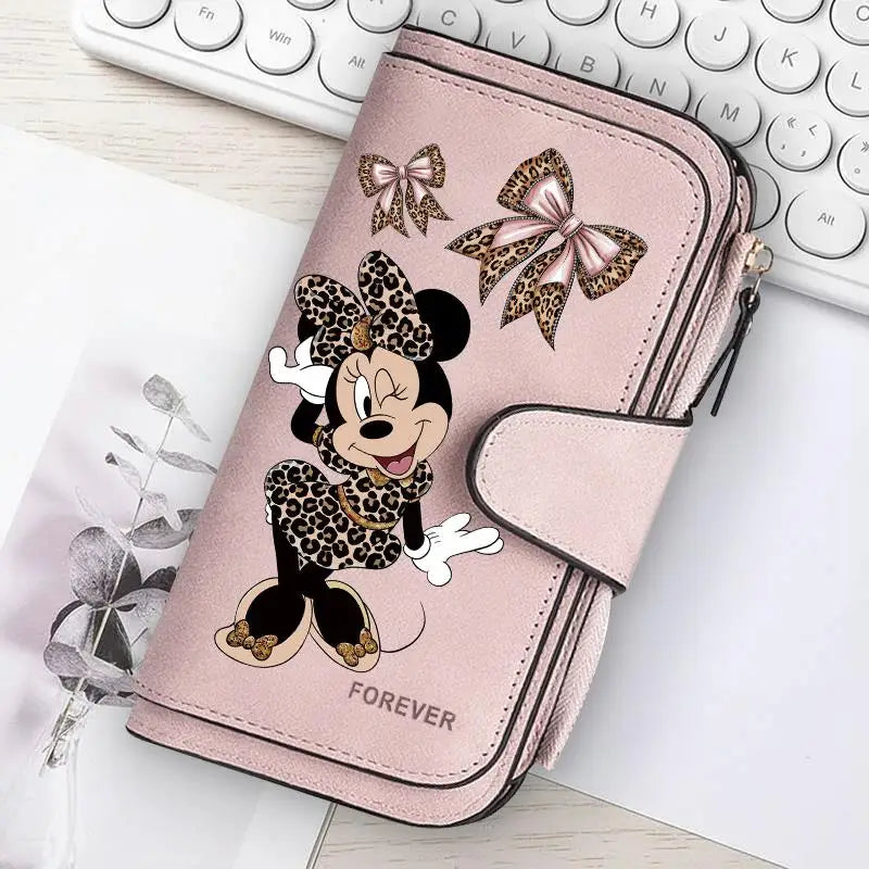  Mickey Minnie Lady Long Zip Wallet Buckle Tote Bag Coin Purse Soft PU Leather Multi-functional Card Holder Casual Daily