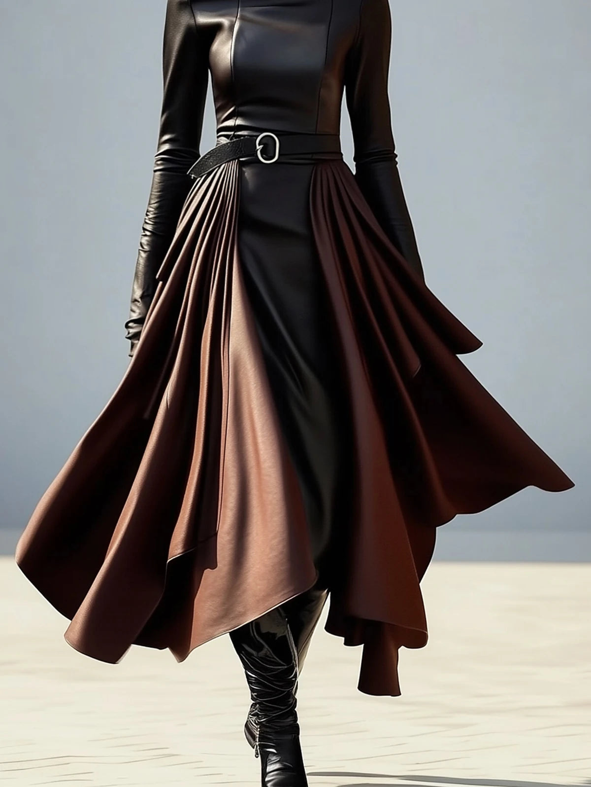 Elegant Women's PU Leather High Neck Midi Dress Slim Fit Belted Irregular Hem Fashion Party Wear One Piece New Style