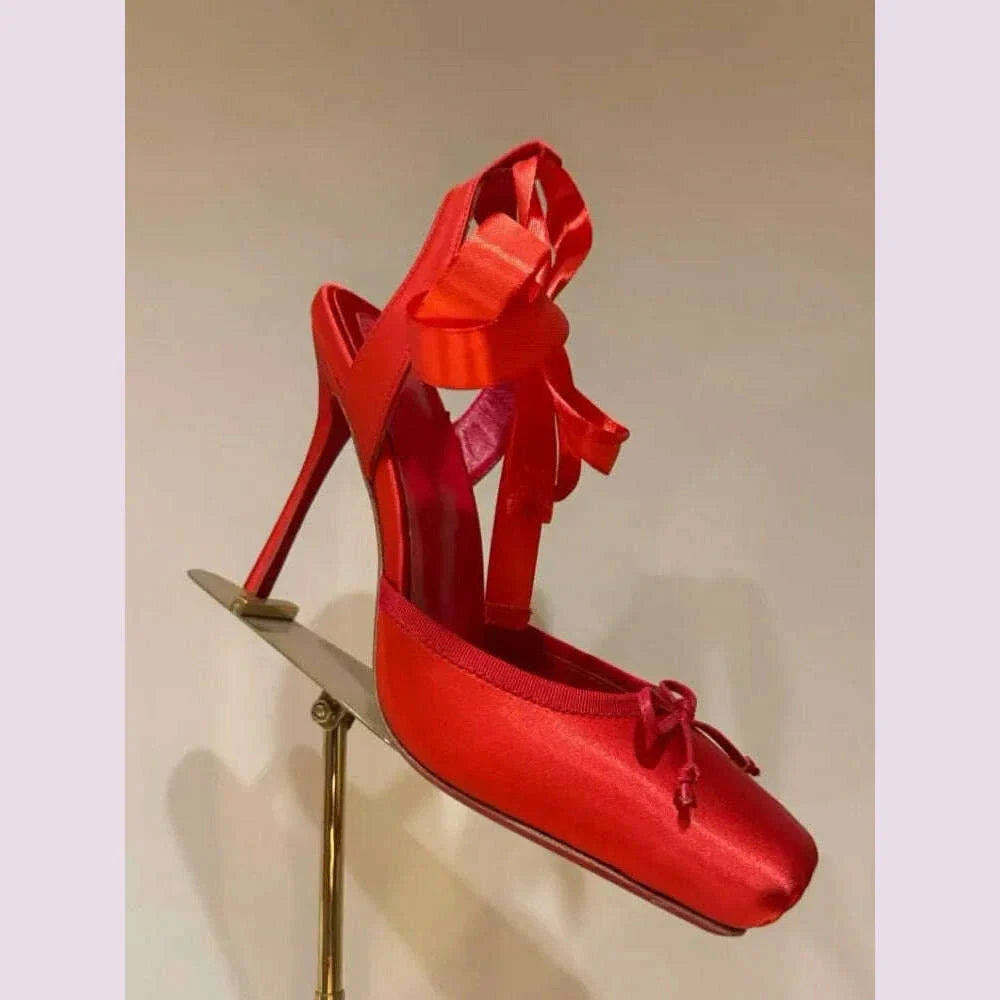 Ladies' New Summer Square Satin High-heeled Sandals with Ankle Straps, Fashionable Party and Banquet Ballet High-heeled Shoes