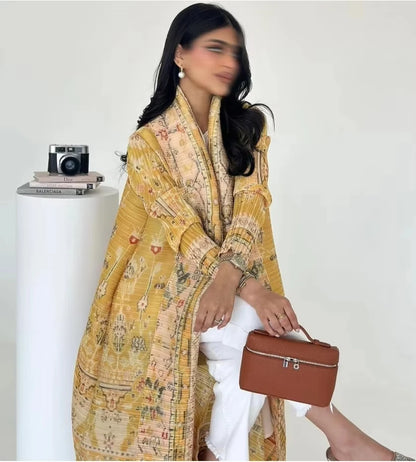 Miyake Fold 2025 Spring New Big Lapel Lace-up Cardigan Long Coat Abaya National Style Printed Long Cape Coat