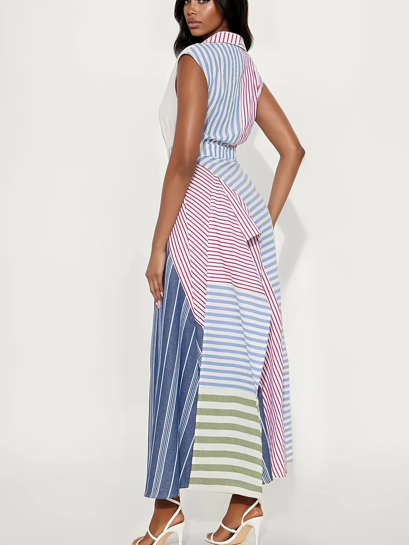 Personality Contrast Color Stitching Striped Dress Women's Summer Fashion Irregular Waist V-neck Sleeveless Commuting Dresses - Kimlud