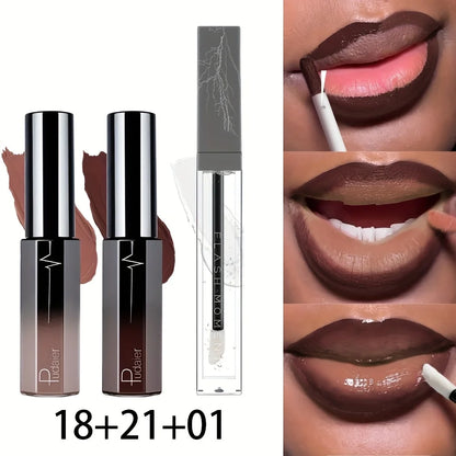 3pcs Long-Lasting Matte Lip Gloss and Lip Oil Set - Waterproof, Non-Stick Cup, Velvet Finish, Valentine'S Day Gifts