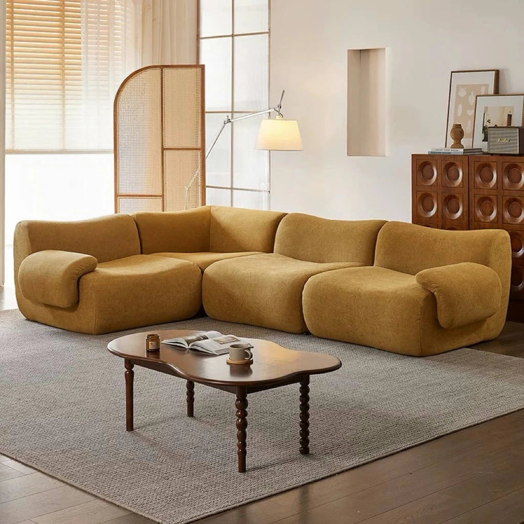 Vacuum-Compressed Modular Sofa, Wabi-Sabi Sherpa Fabric Sectional with High-Elastic Foam, Cream Mid-Century Style, Space...