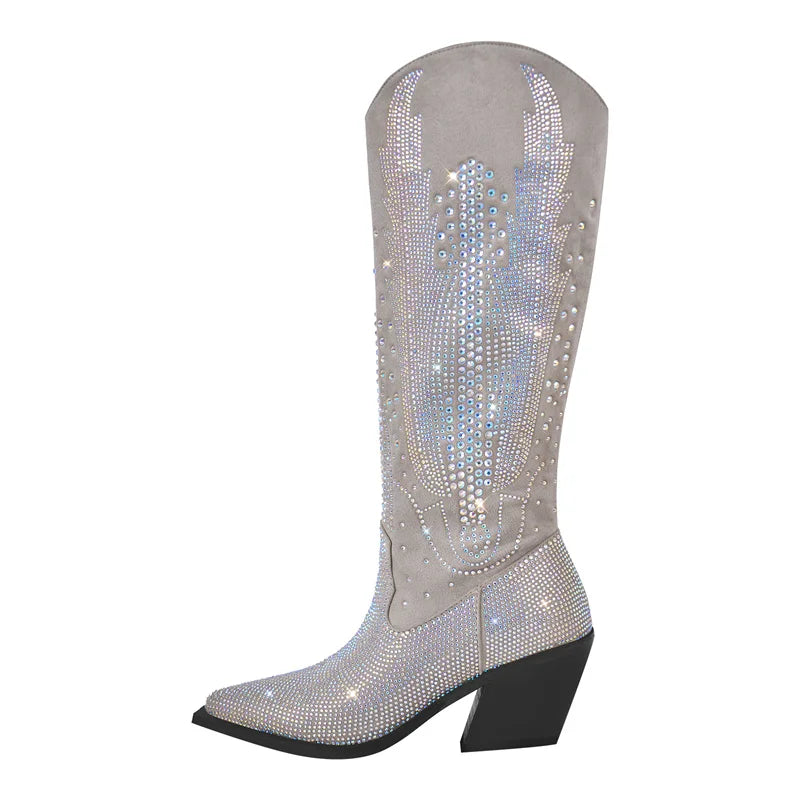 Onlymaker Women Black Knee High Rhinestone Boots Western Cowboy Boots Glitter Bling Shiny Block Heel Handmade Boots