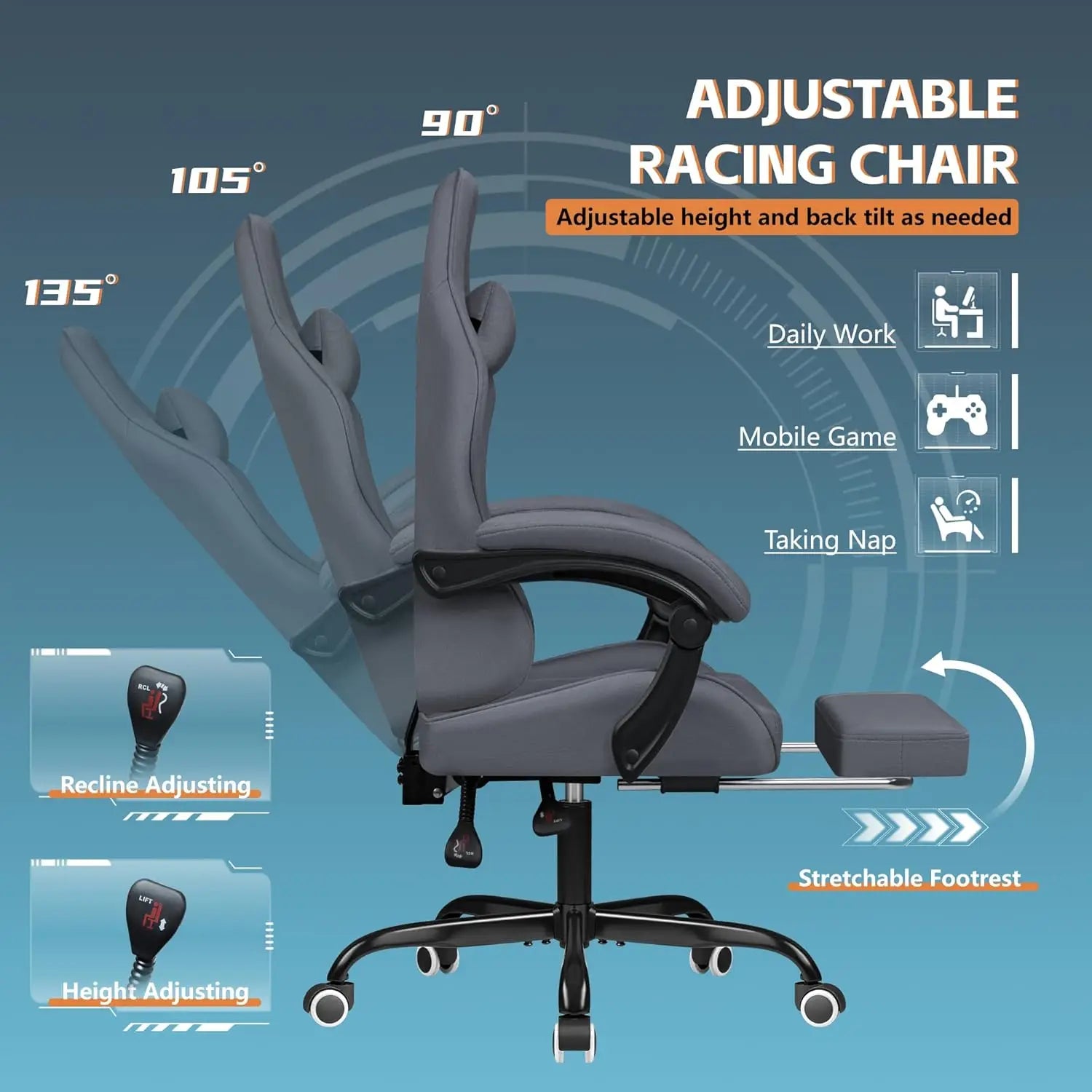 Gaming Chair Fabric with Massage Lumbar Support, Ergonomic Racing Video Game Chair with Adjustable Footrest and, Customized