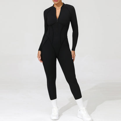 Padded Women Long Sleeve Sport Yoga Jumpsuit Workout Clothes for Women Sportwear Backless Zipper Fitness Gym Outfit