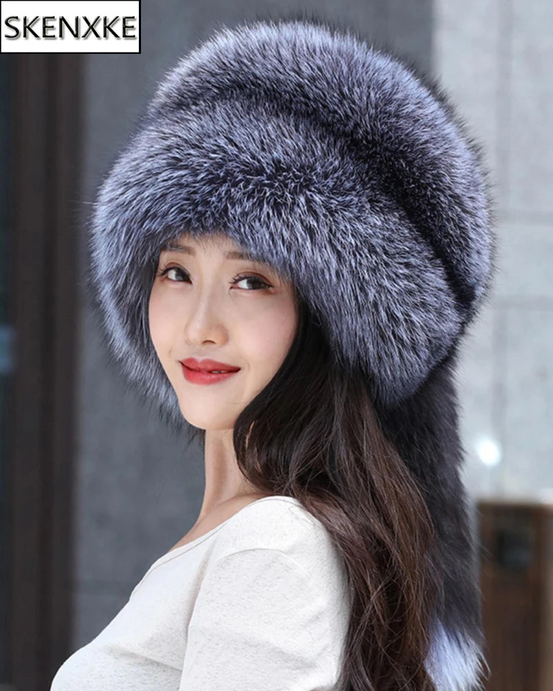 Winter Women Fashion Real Fur Hat Natural Fox Fur Hats Headgear Russian Outdoor Cap Ladies Thicken Warm Fur Caps