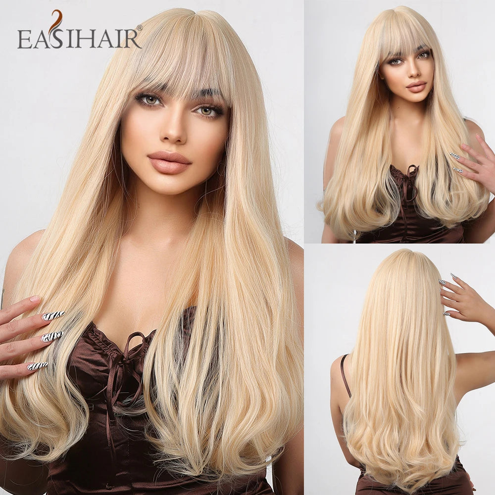 EASIHAIR Sandy Blonde Golden Wavy Synthetic Wigs with Long Bangs Cosplay Lolita Party Hair Wigs for Women Natural Heat Resistant