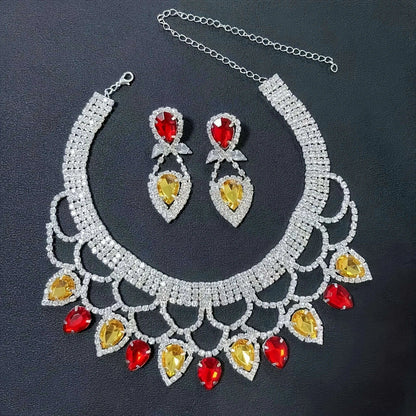Fashionable ladies' exaggerated and exquisite handmade rhinestone necklace earring set, bride's dance dress jewelry accessories