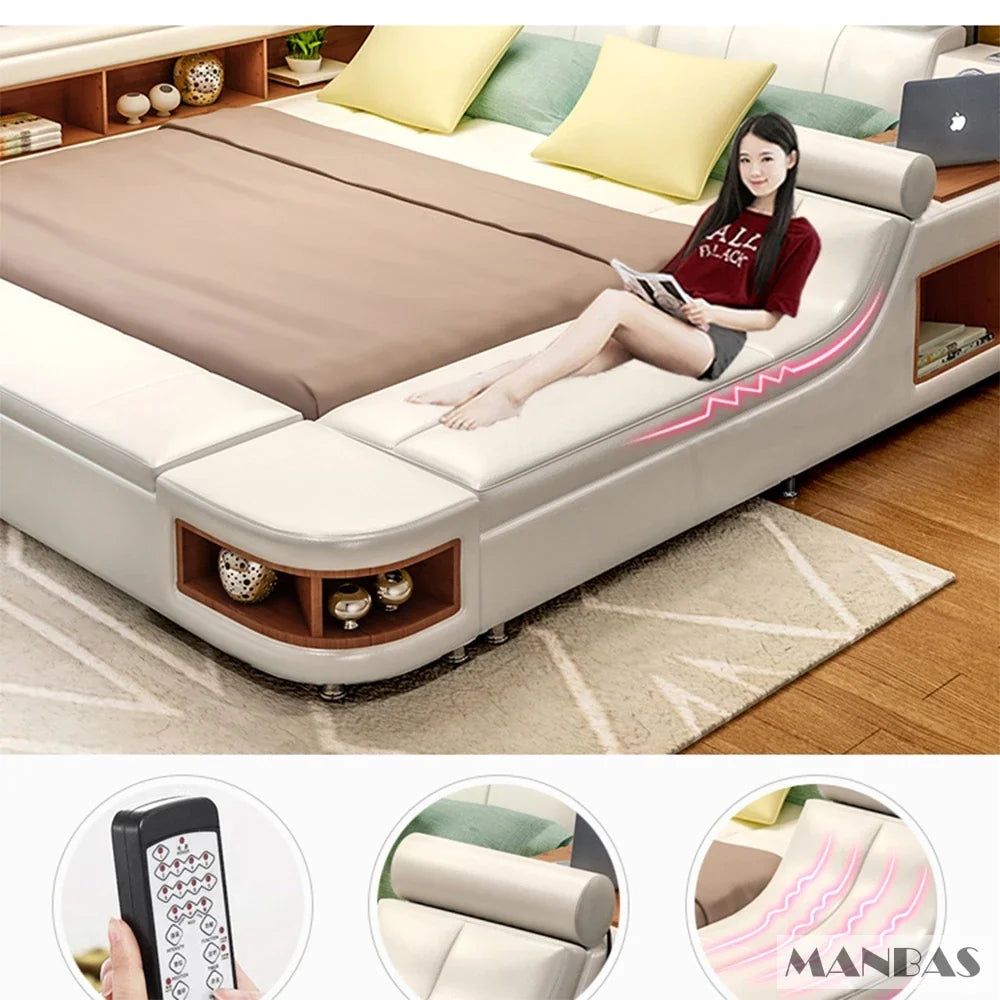 MINGDIBAO Modern Multifunctional Tech Smart Bed with Storage, USB, Speakers – King Genuine Leather Bed - Ultimate Massage Bed