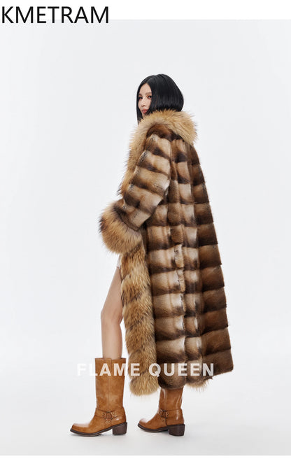 KMETRAM Natural Muskrat Fur Coat Woman Luxury Long Real Fur Jacket Raccoon Dog Fur Collar Winter Coats Women Clothing 2025 шуба