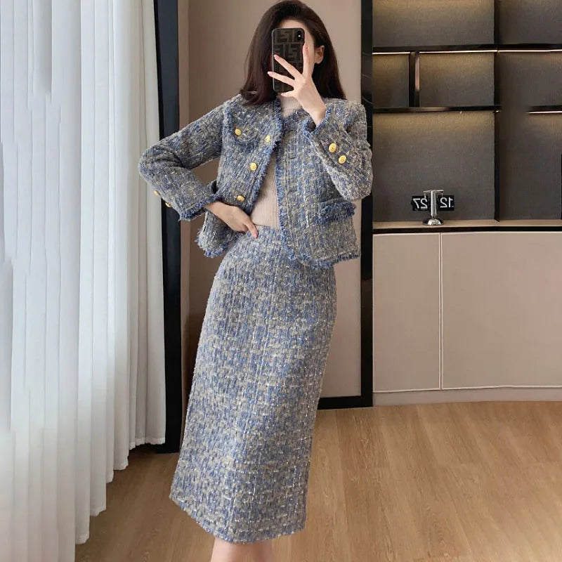 2025 Spring Autumn New Tweed Suit Skirt Women's Fashion Loose Sweet Single-Breasted Casual Chic Jacket Two-Piece Sets