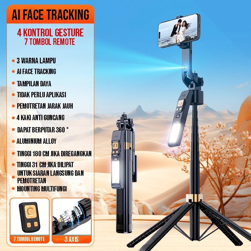CL12P 180CM Selfie Stick Auto AI Face Tracking Quad Stand 360 Rotation Gimbal Tripod Stabilizer with LED Fill Light