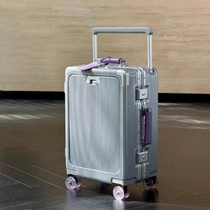 Front Opening Pocket Rolling Luggage Aluminum Frame Wide Handle Trolley Suitcase with Colorful Silent Wheels & USB Charging Plug