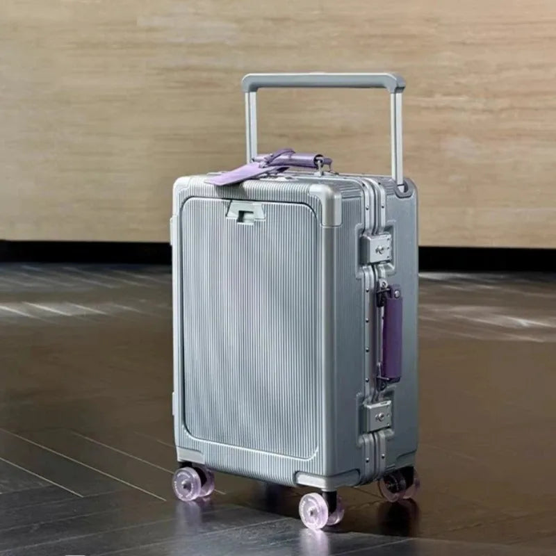 Front Opening Pocket Rolling Luggage Aluminum Frame Wide Handle Trolley Suitcase with Colorful Silent Wheels & USB Charging Plug
